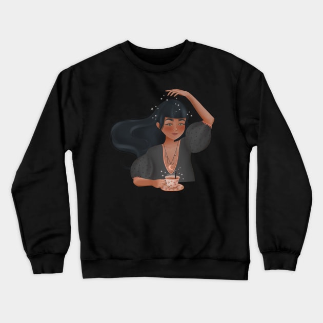 Girl character with coffee or tea and some magic Crewneck Sweatshirt by RigaSutherland